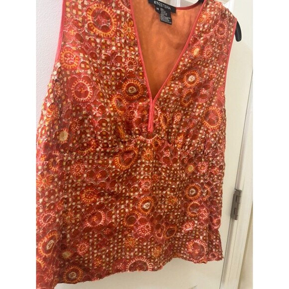 Etcetera Silk Sleeveless Blouse Size 14 orange abstract pattern v neck - Picture 3 of 10